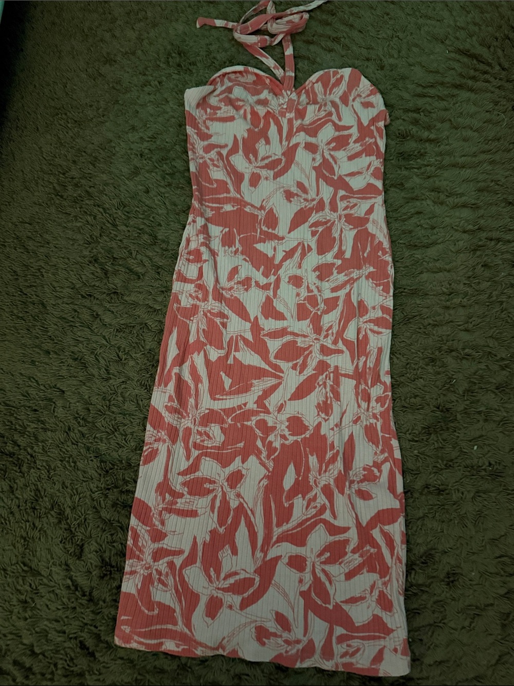 Nine West Coral & White Strapless Floral Midi with Halter Tie